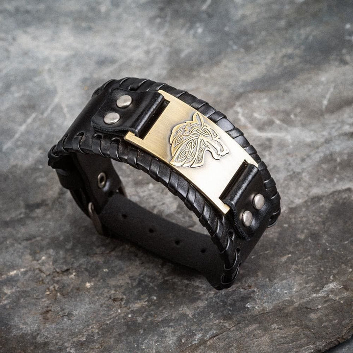 Genuine Leather Buckle Arm Cuff Wolves Metal Bracelet