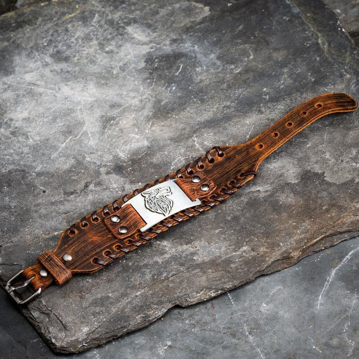Genuine Leather Buckle Arm Cuff Wolves Metal Bracelet