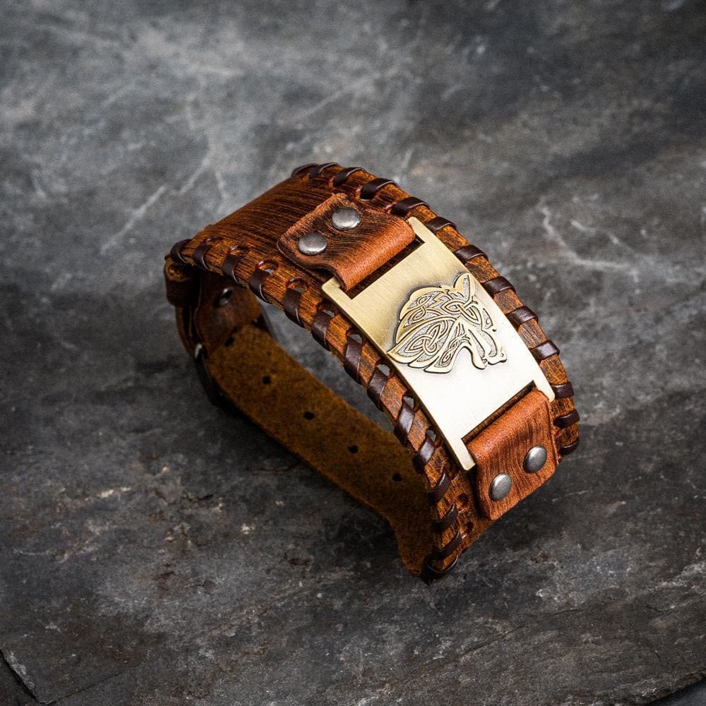 Genuine Leather Buckle Arm Cuff Wolves Metal Bracelet