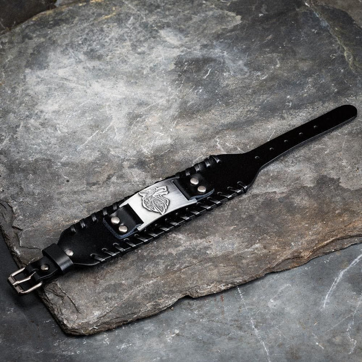 Genuine Leather Buckle Arm Cuff Wolves Metal Bracelet