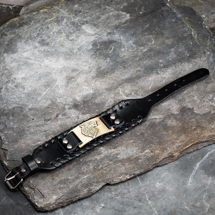 Genuine Leather Buckle Arm Cuff Wolves Metal Bracelet