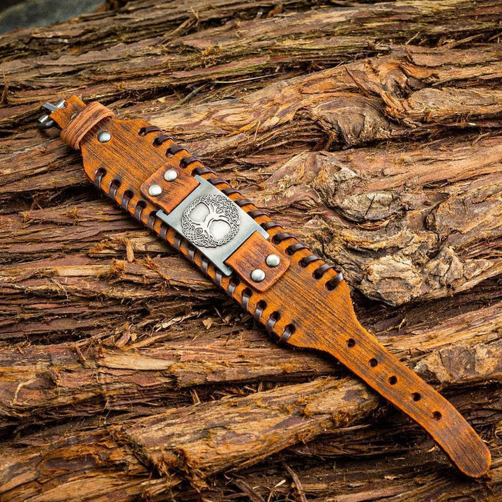 Genuine Leather Buckle Arm Cuff Yggdrasil Metal Bracelet