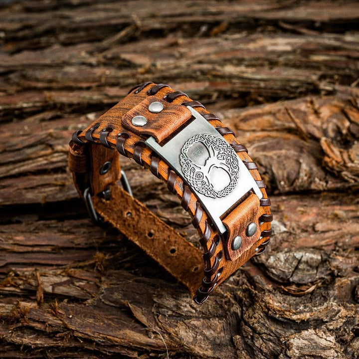 Genuine Leather Buckle Arm Cuff Yggdrasil Metal Bracelet