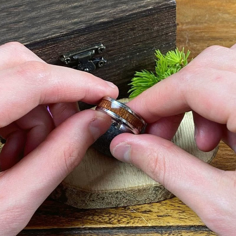 Stainless Steel Yggdrasil And Wood Inlay Ring