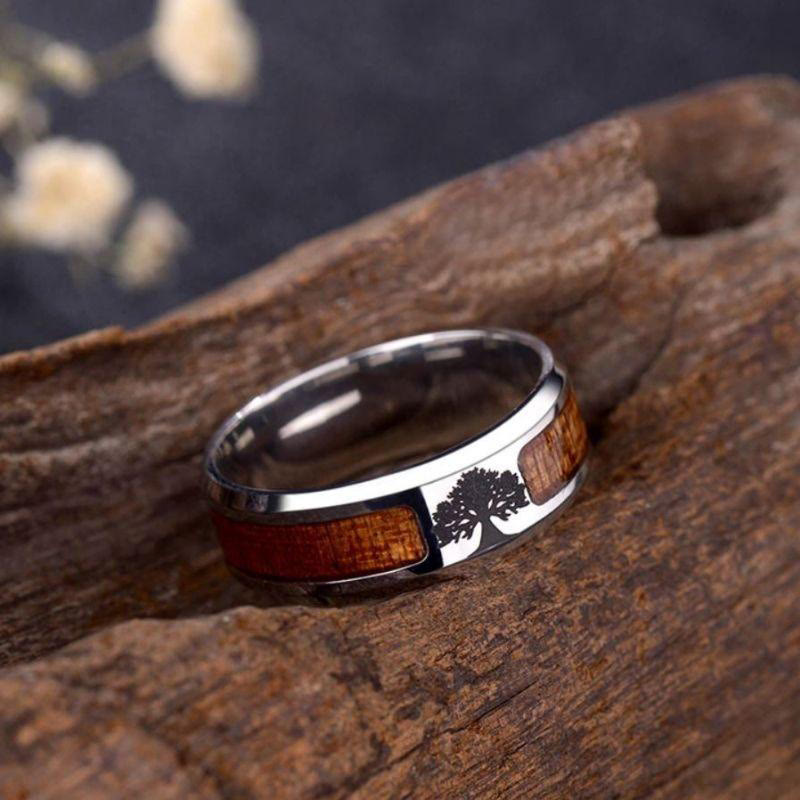 Stainless Steel Yggdrasil And Wood Inlay Ring