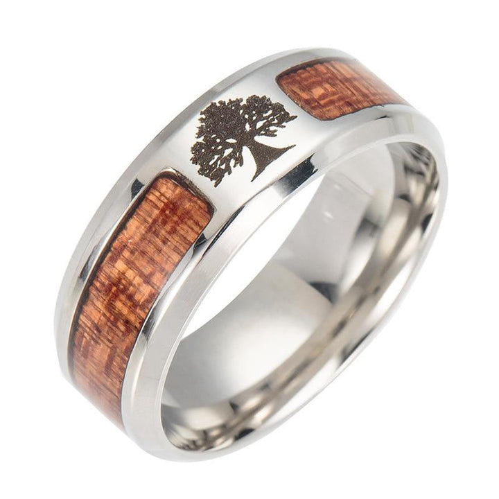 Stainless Steel Yggdrasil And Wood Inlay Ring