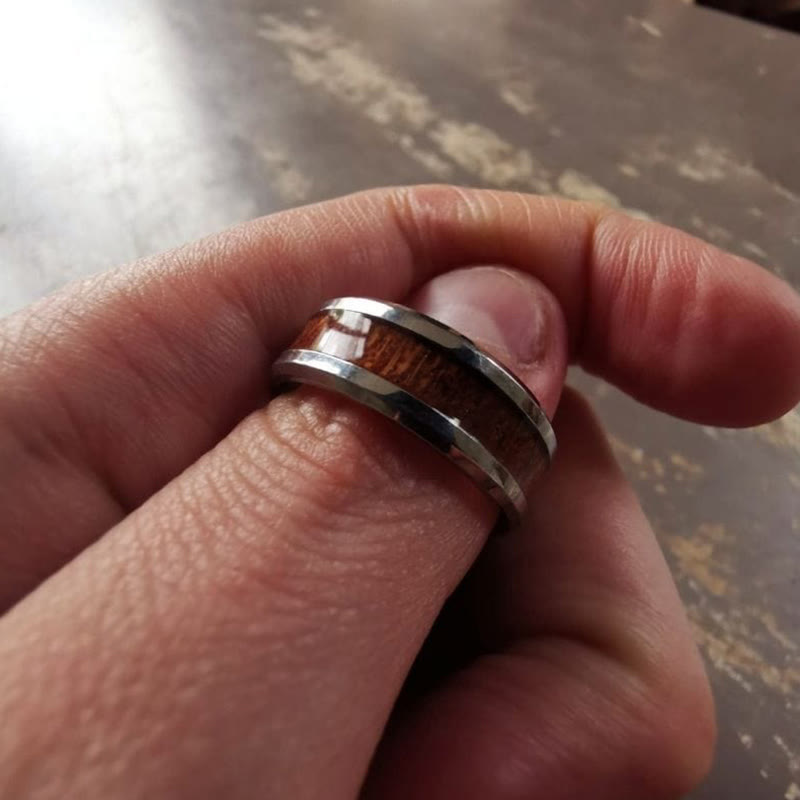 Stainless Steel Yggdrasil And Wood Inlay Ring