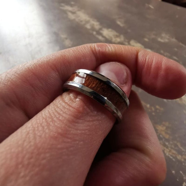 Stainless Steel Yggdrasil And Wood Inlay Ring