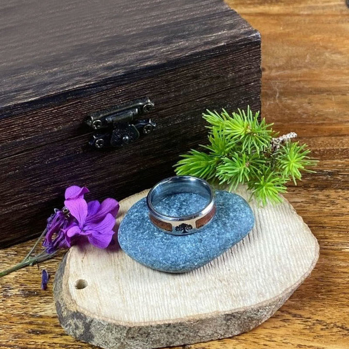 Stainless Steel Yggdrasil And Wood Inlay Ring