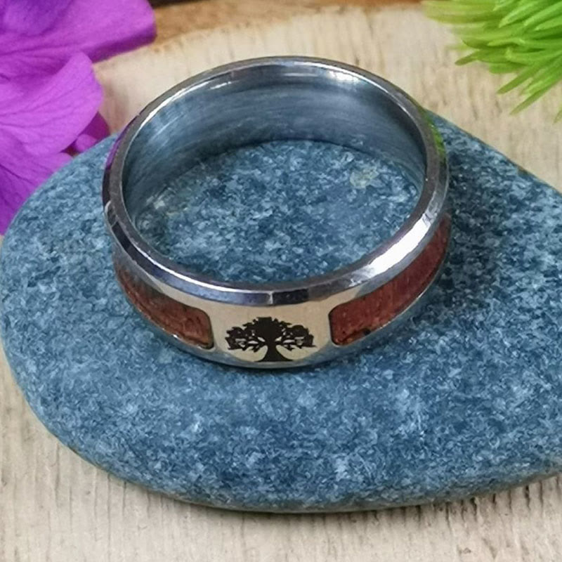 Stainless Steel Yggdrasil And Wood Inlay Ring