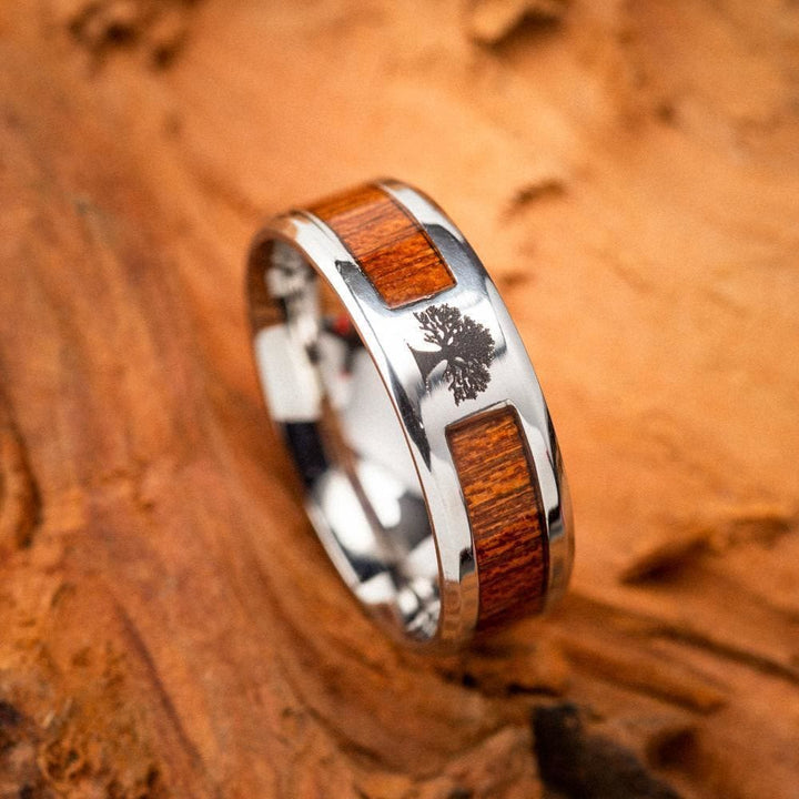 Stainless Steel Yggdrasil And Wood Inlay Ring
