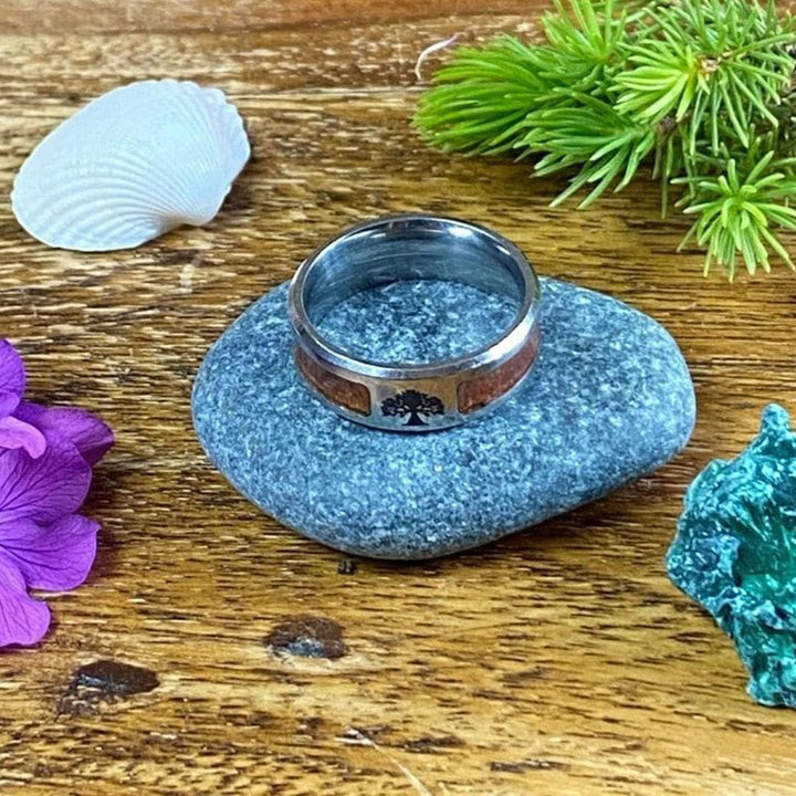 Stainless Steel Yggdrasil And Wood Inlay Ring