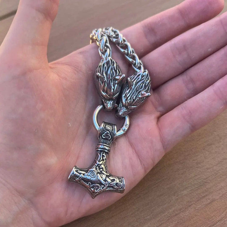 Vintage Viking Mjolnir With Wolves Necklace & Bracelet
