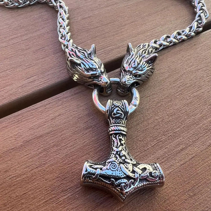 Vintage Viking Mjolnir With Wolves Necklace & Bracelet