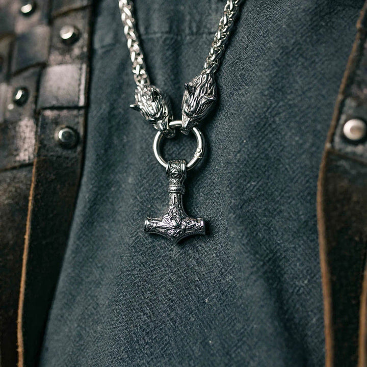Vintage Viking Mjolnir With Wolves Necklace & Bracelet