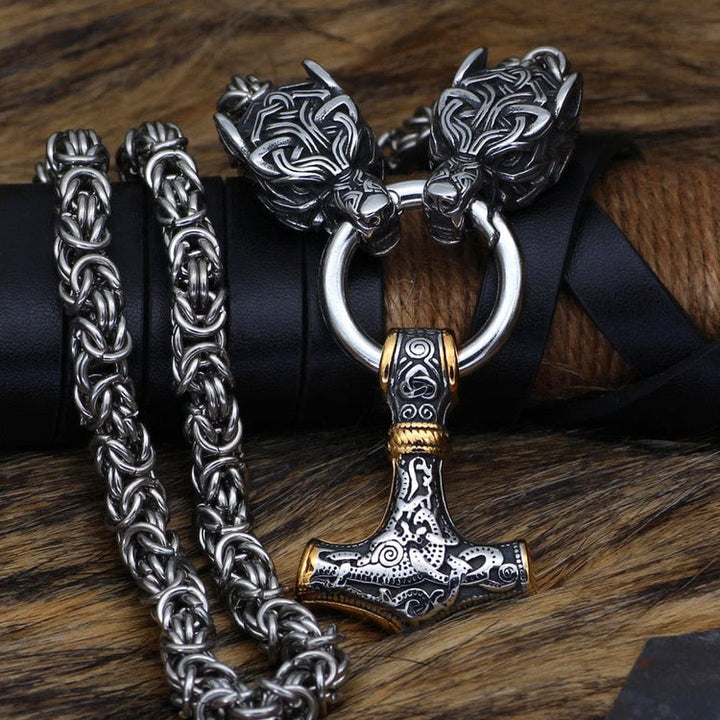Wolves And Mjolnir's Power Necklace
