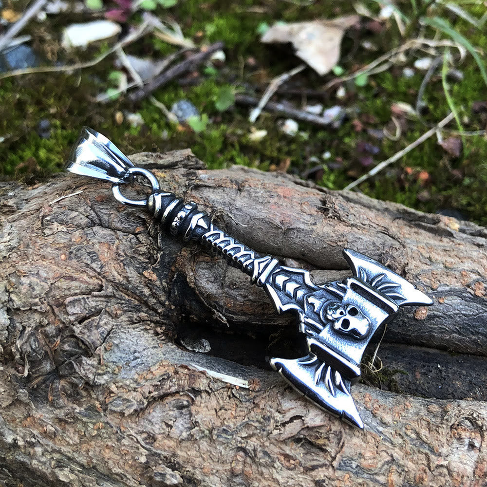 Norse Skull Viking Double Axe Necklace