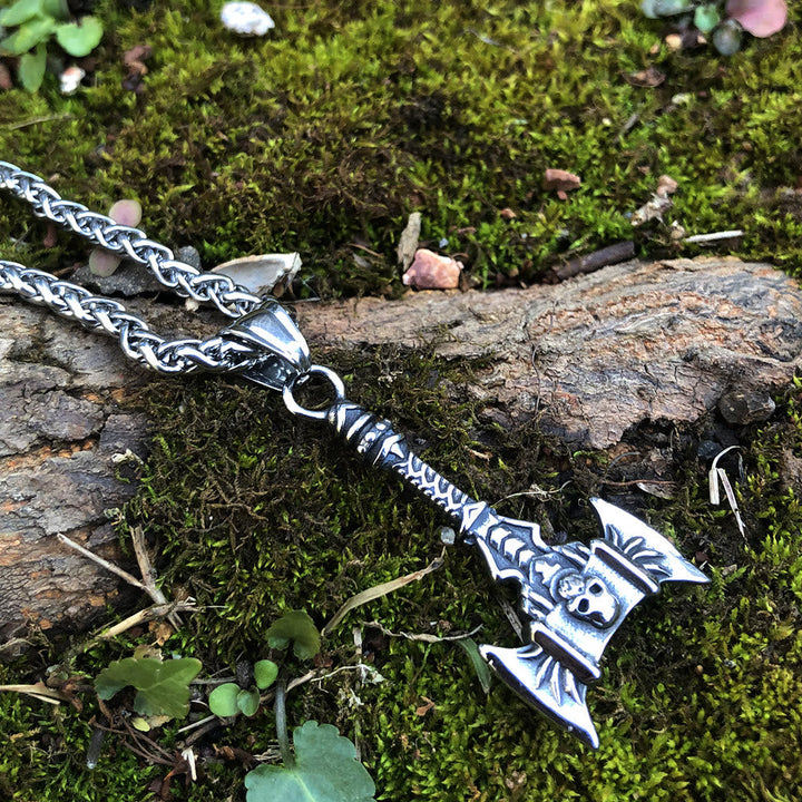 Norse Skull Viking Double Axe Necklace