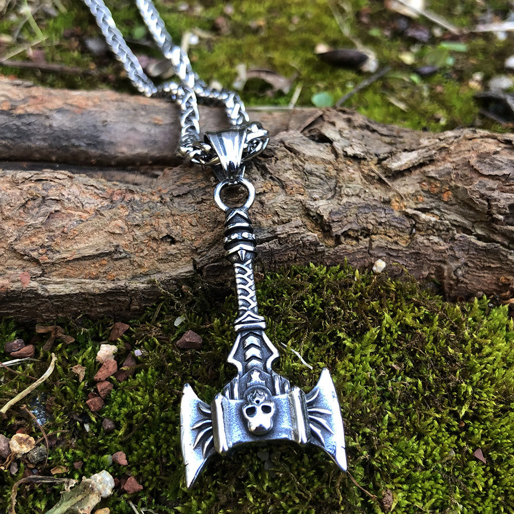 Norse Skull Viking Double Axe Necklace