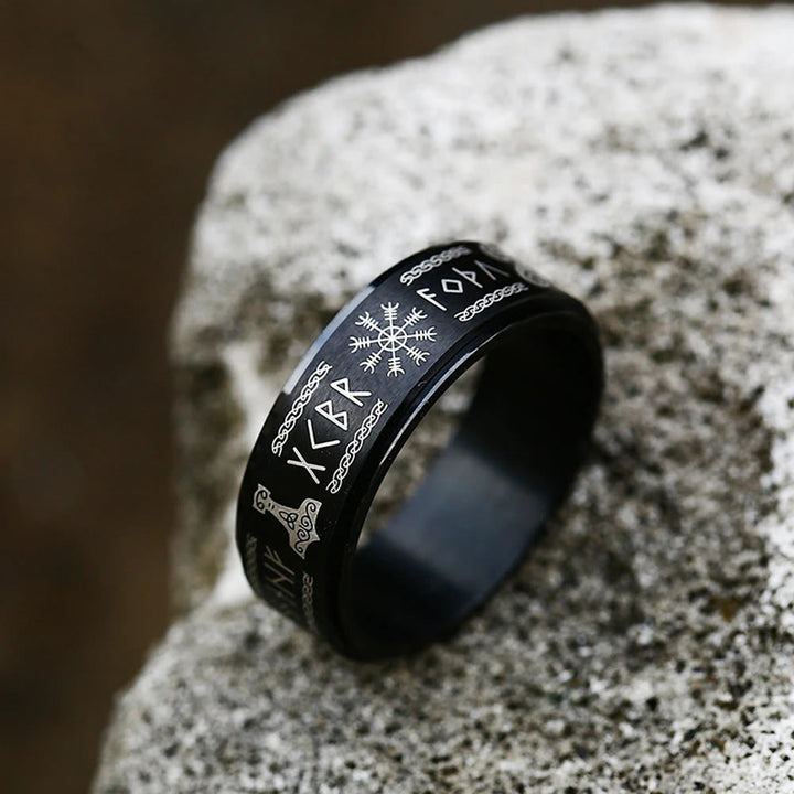 Rune Vegvisir Mjolnir Spinner Ring
