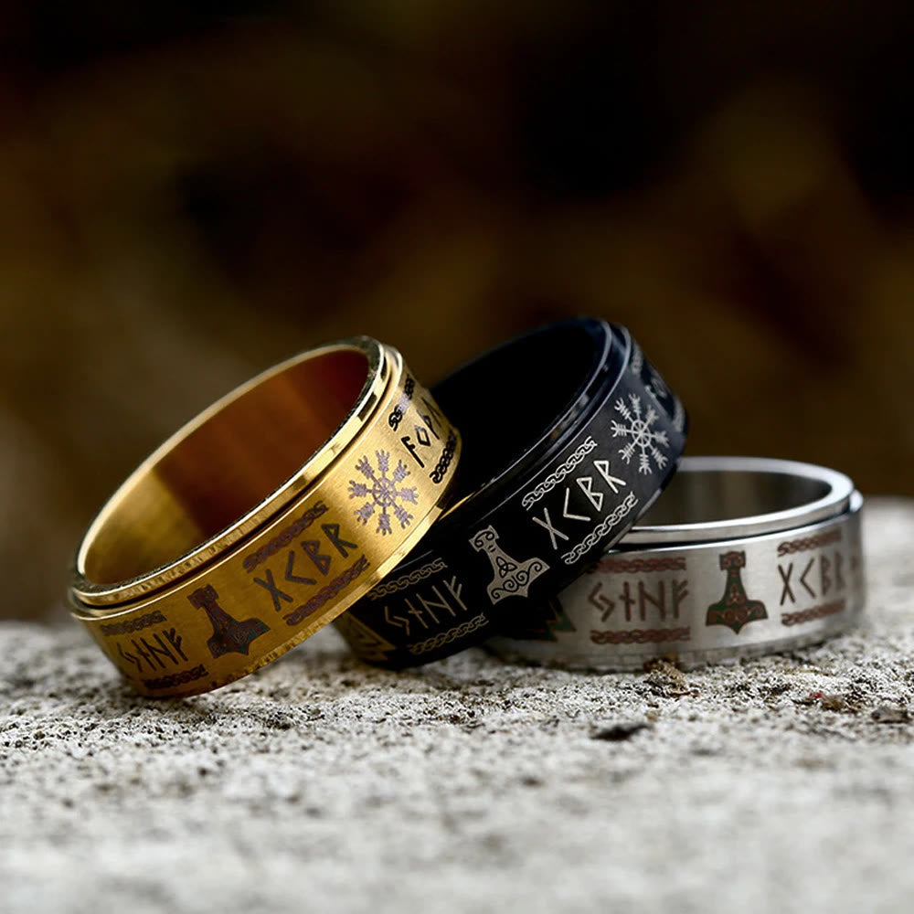 Rune Vegvisir Mjolnir Spinner Ring