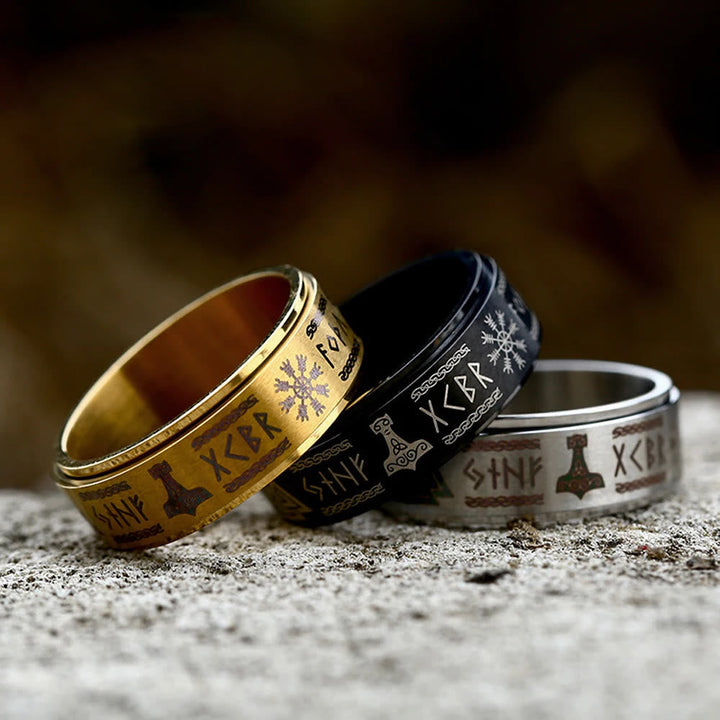 Rune Vegvisir Mjolnir Spinner Ring