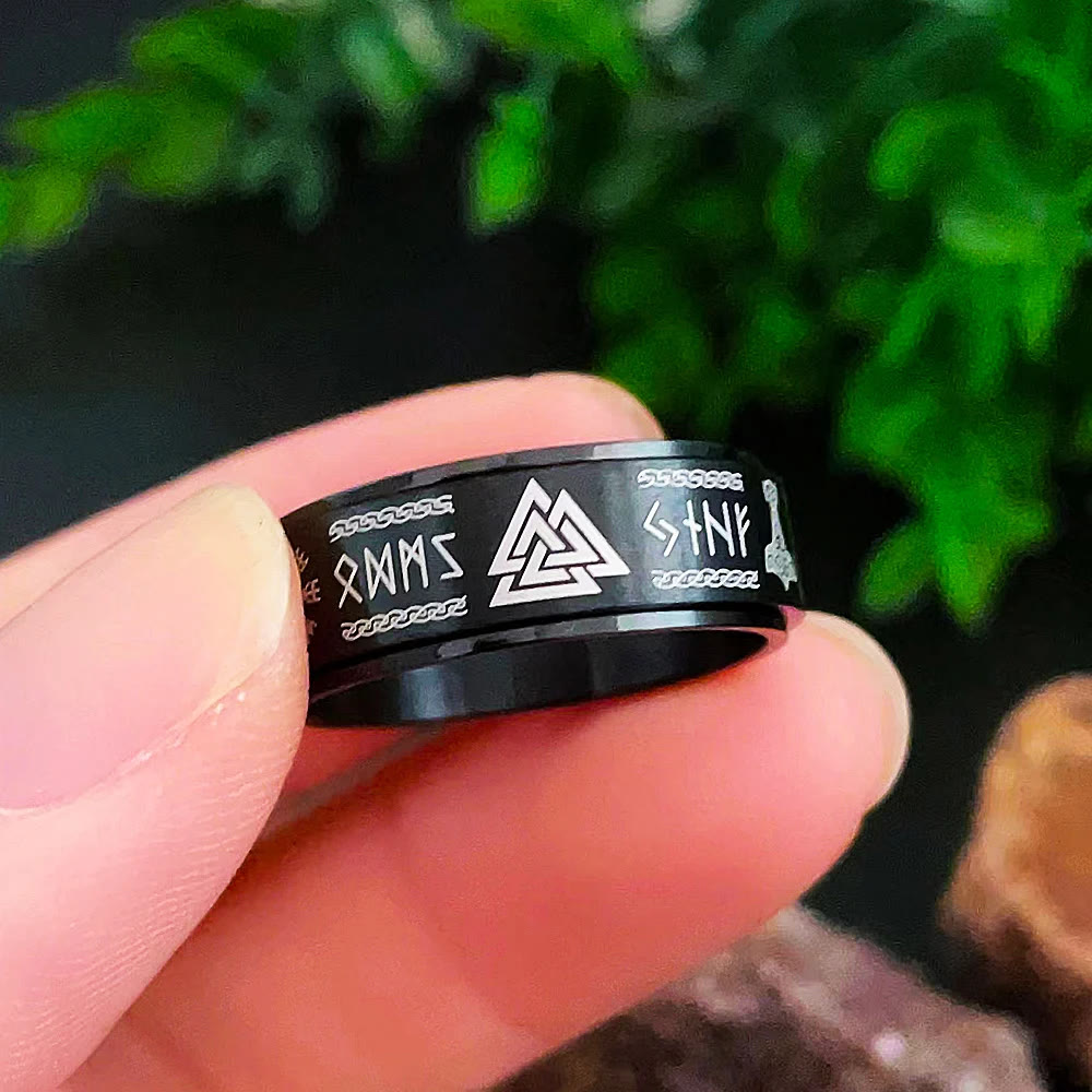 Rune Vegvisir Mjolnir Spinner Ring