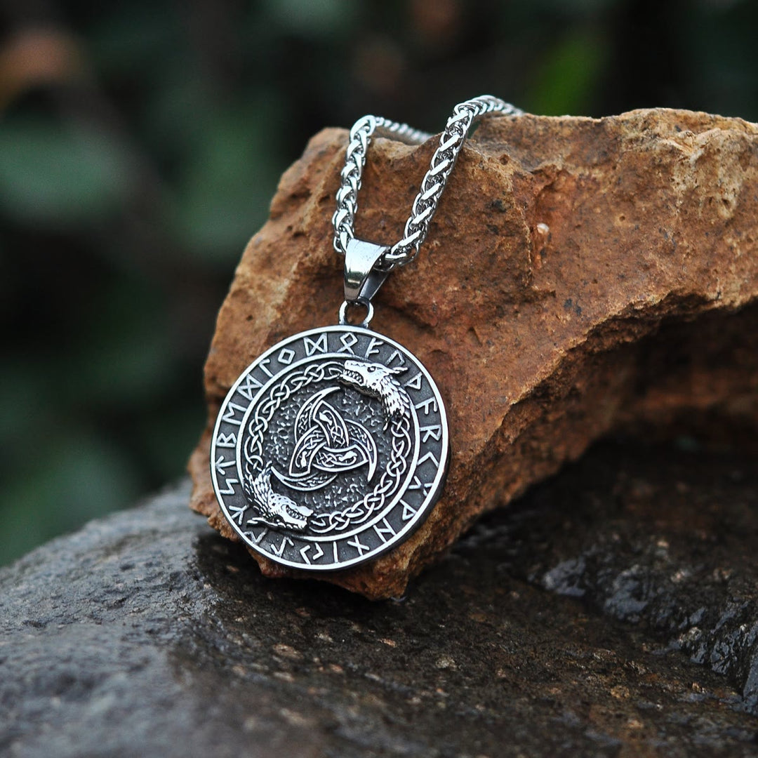 Viking Rune Triple Horn of Odin Dragon Necklace