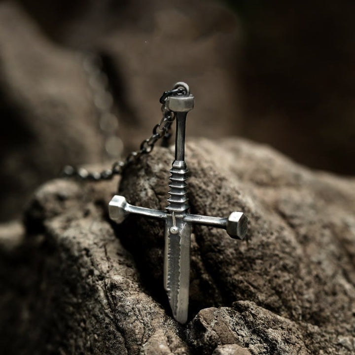 Cross Broken Holy Sword Unique Pin Badge Necklace