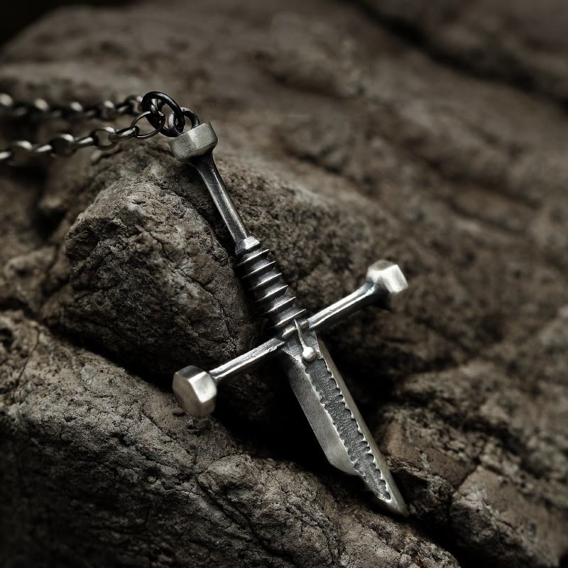 Cross Broken Holy Sword Unique Pin Badge Necklace