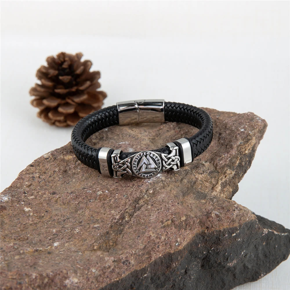 Valknut With Celtic Knot Leather Bracelet