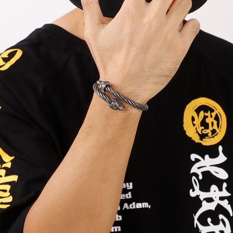 Wolf Head Twisted Open Bracelet