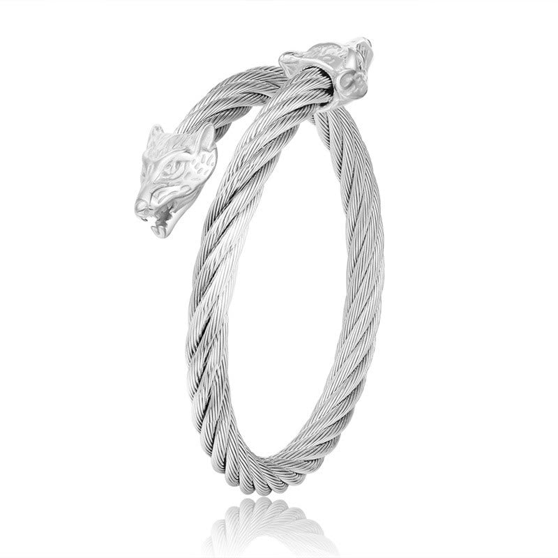 Wolf Head Twisted Open Bracelet
