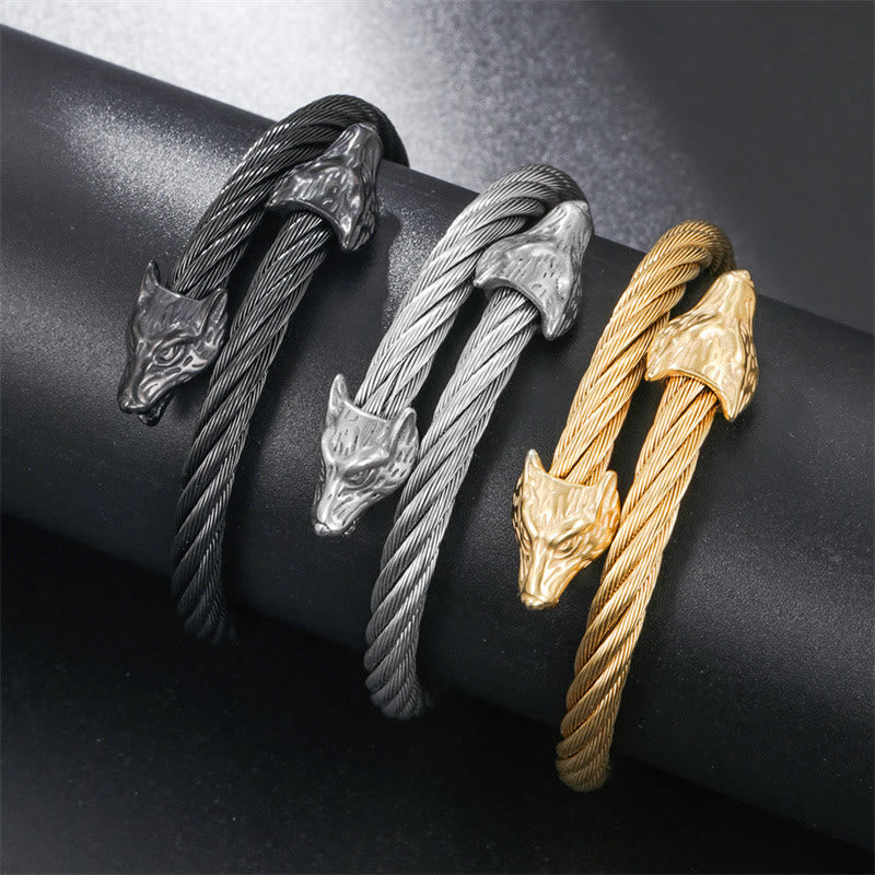 Wolf Head Twisted Open Bracelet