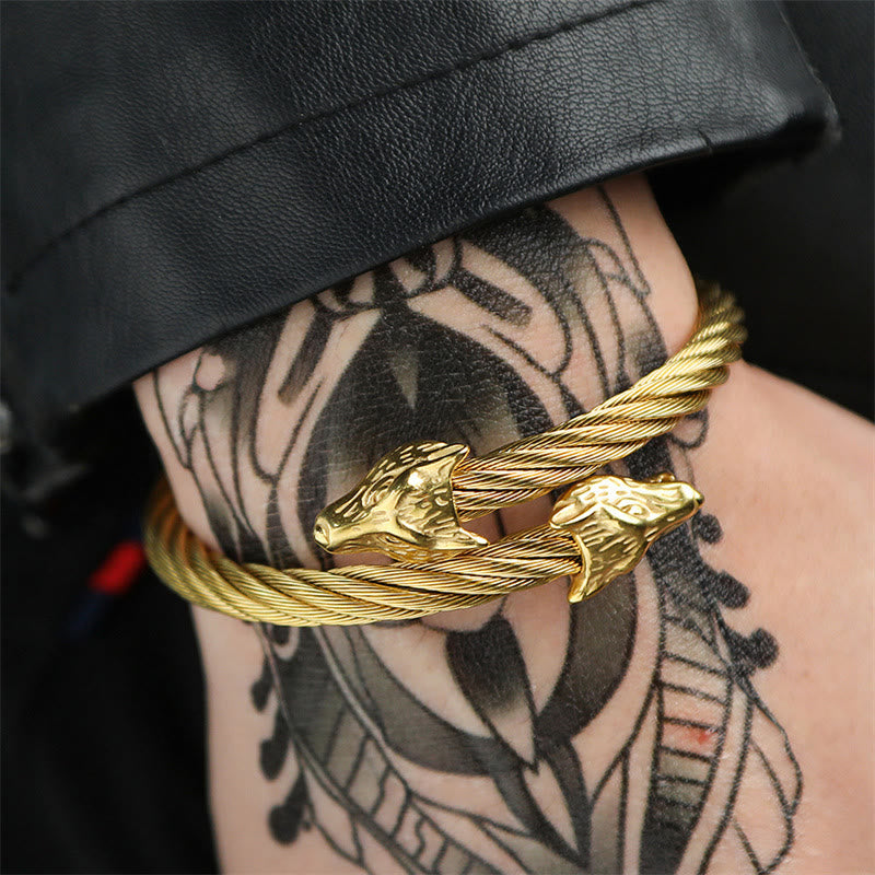 Wolf Head Twisted Open Bracelet
