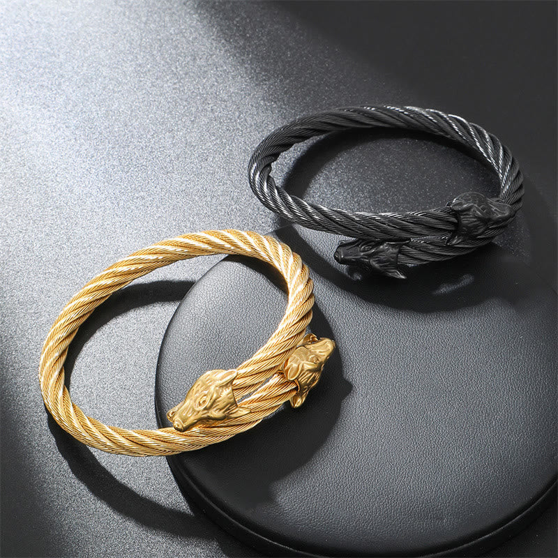 Wolf Head Twisted Open Bracelet