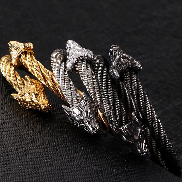 Wolf Head Twisted Open Bracelet