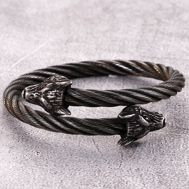 Wolf Head Twisted Open Bracelet