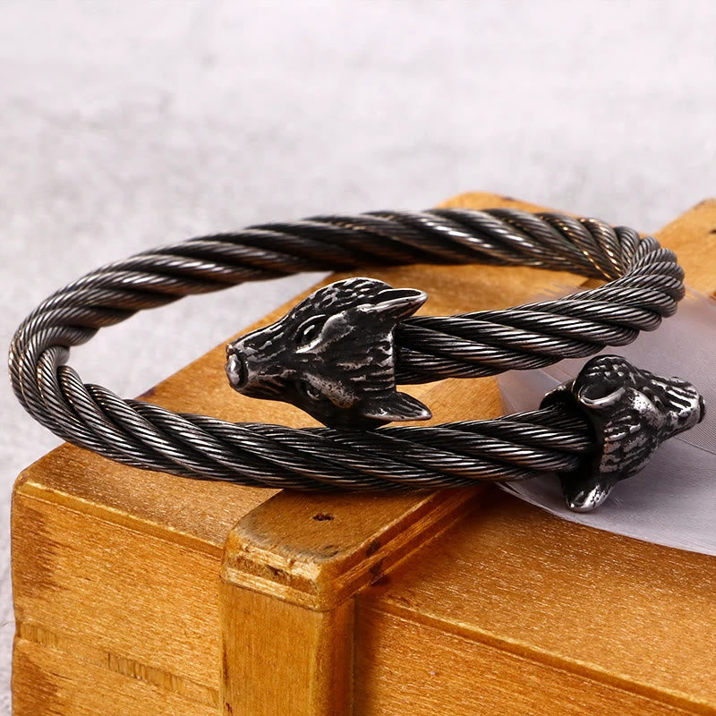 Wolf Head Twisted Open Bracelet