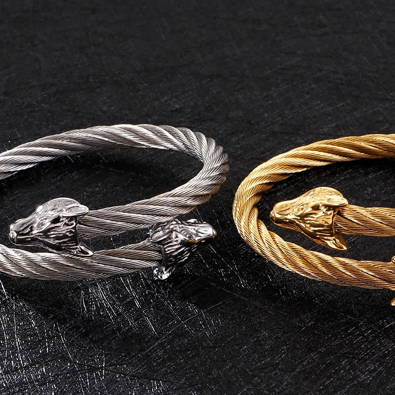 Wolf Head Twisted Open Bracelet