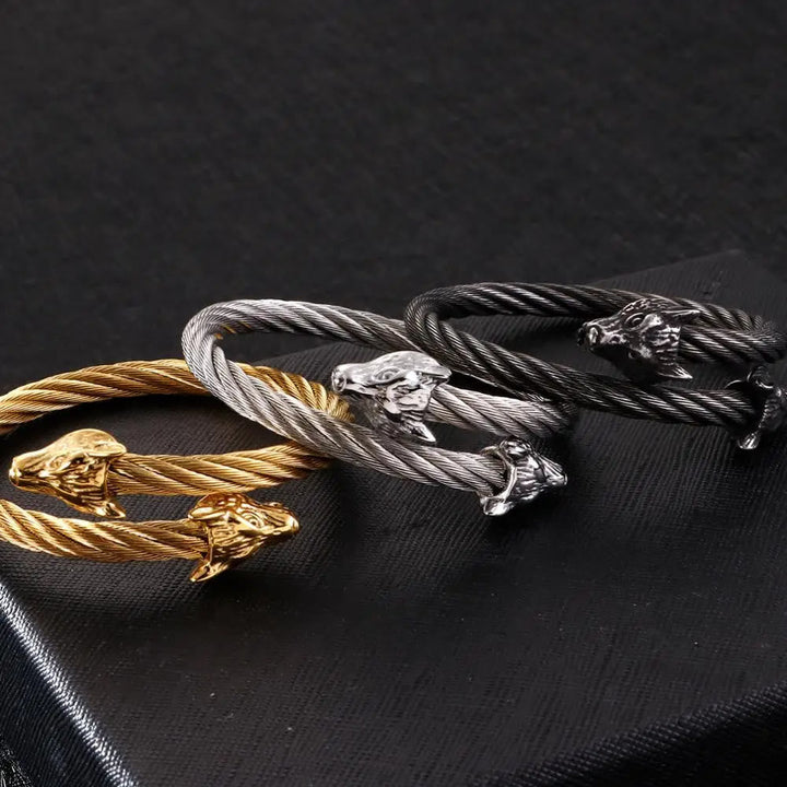 Wolf Head Twisted Open Bracelet