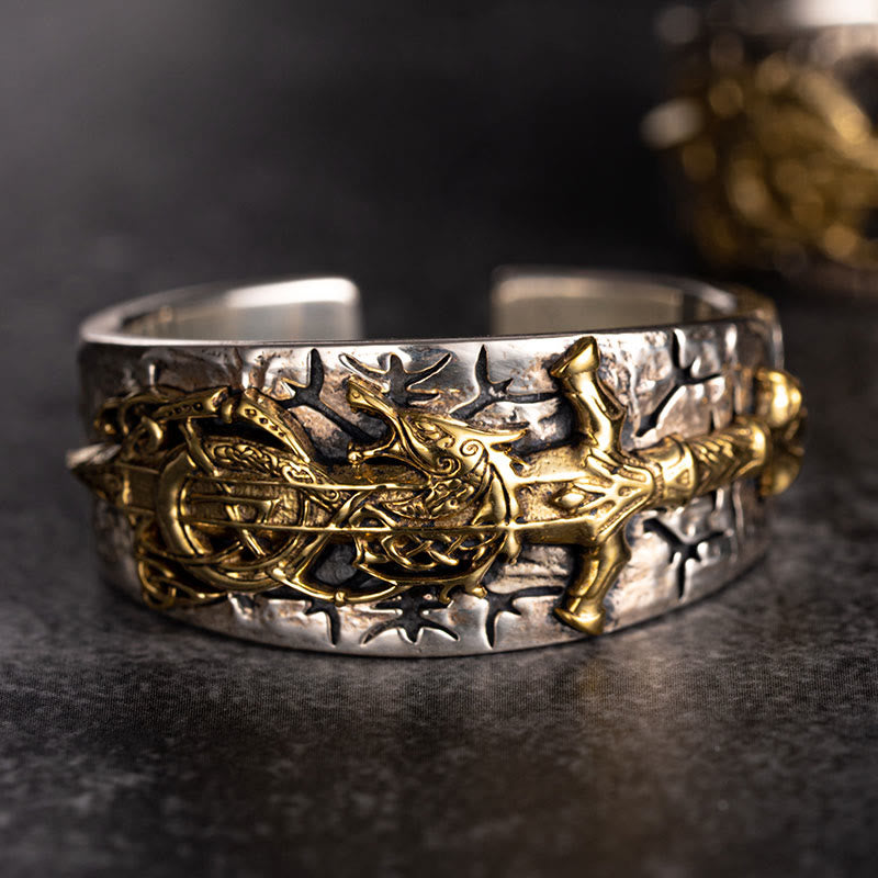 Handcrafted 925 Silver Sword Norse Dragon Open Ring