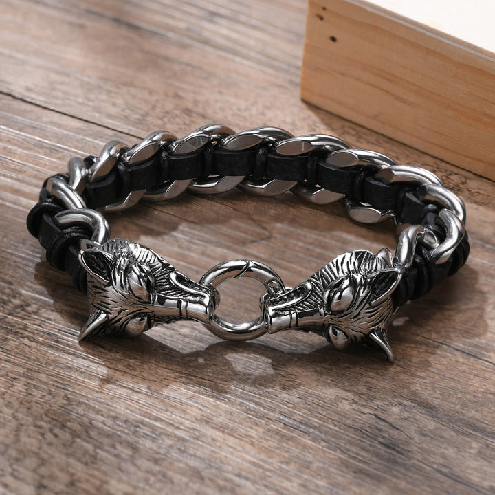 Wolves Head Interwoven Leather Chain Bracelet