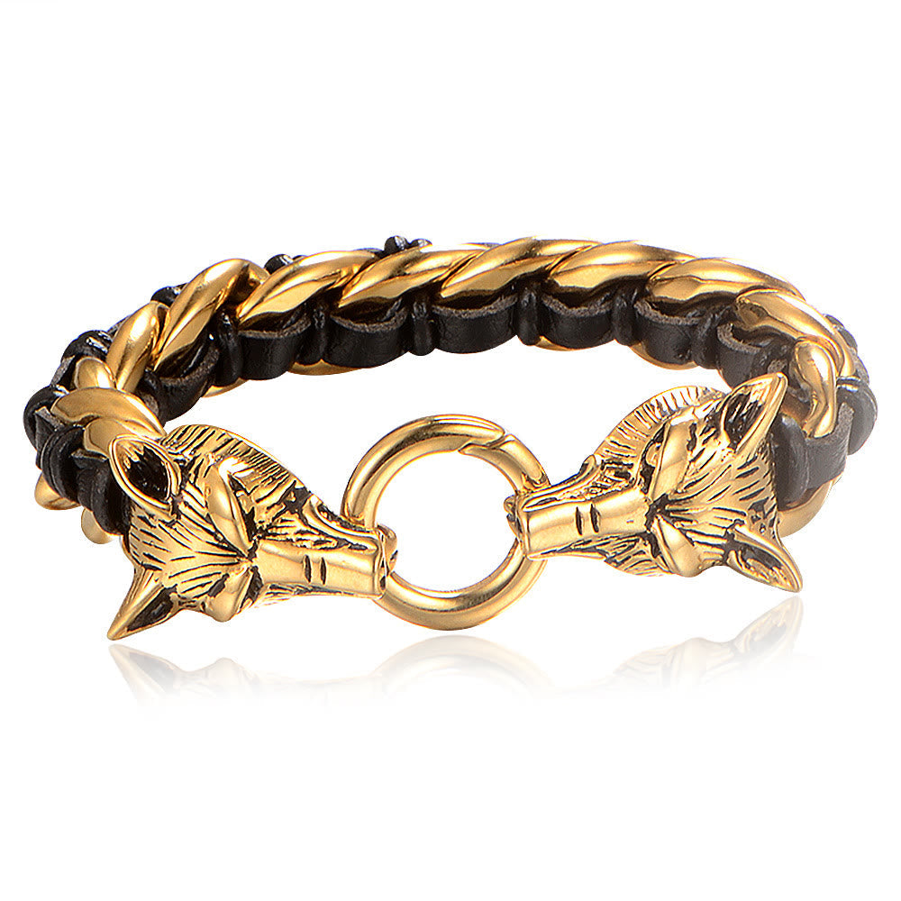 Wolves Head Interwoven Leather Chain Bracelet