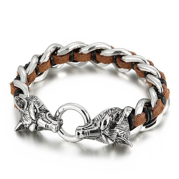 Wolves Head Interwoven Leather Chain Bracelet