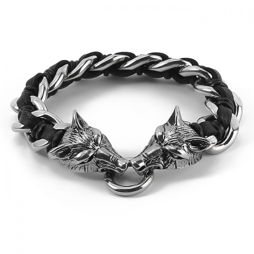 Wolves Head Interwoven Leather Chain Bracelet
