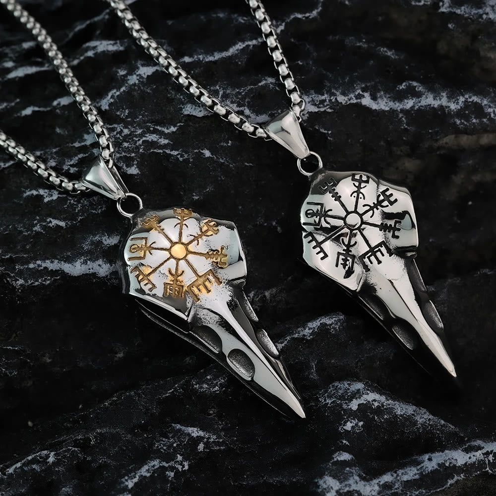 Raven Crow Head Vegvisir Necklace