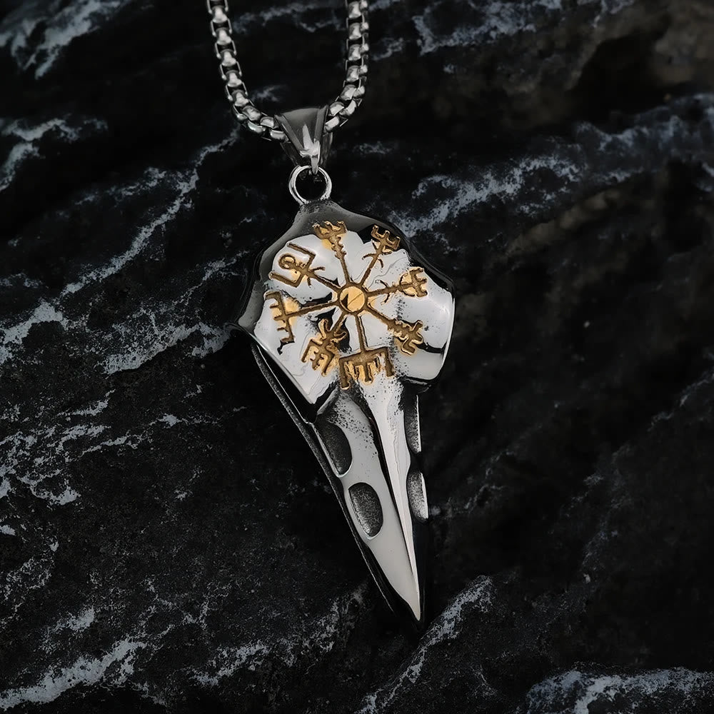 Raven Crow Head Vegvisir Necklace