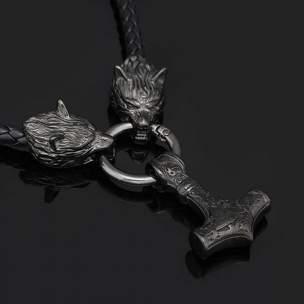 Viking Mjolnir Wolf Leather Rope Necklace