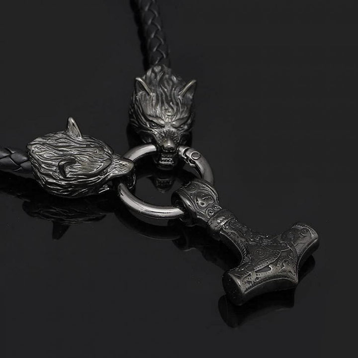 Viking Mjolnir Wolf Leather Rope Necklace